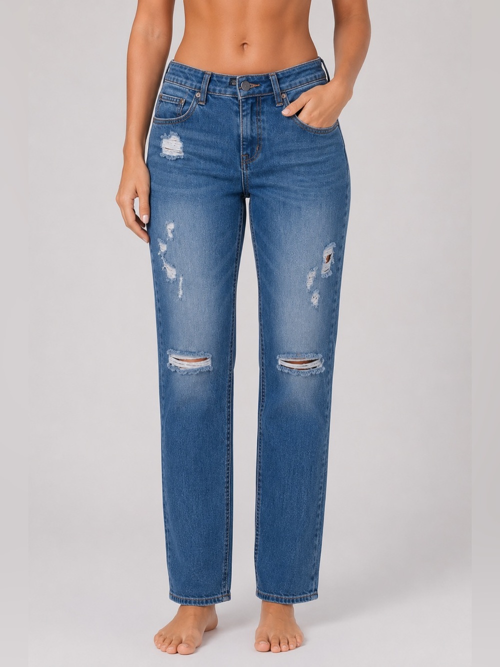 Midiross Distressed Mid Rise Straight Leg Denim Jeans Small